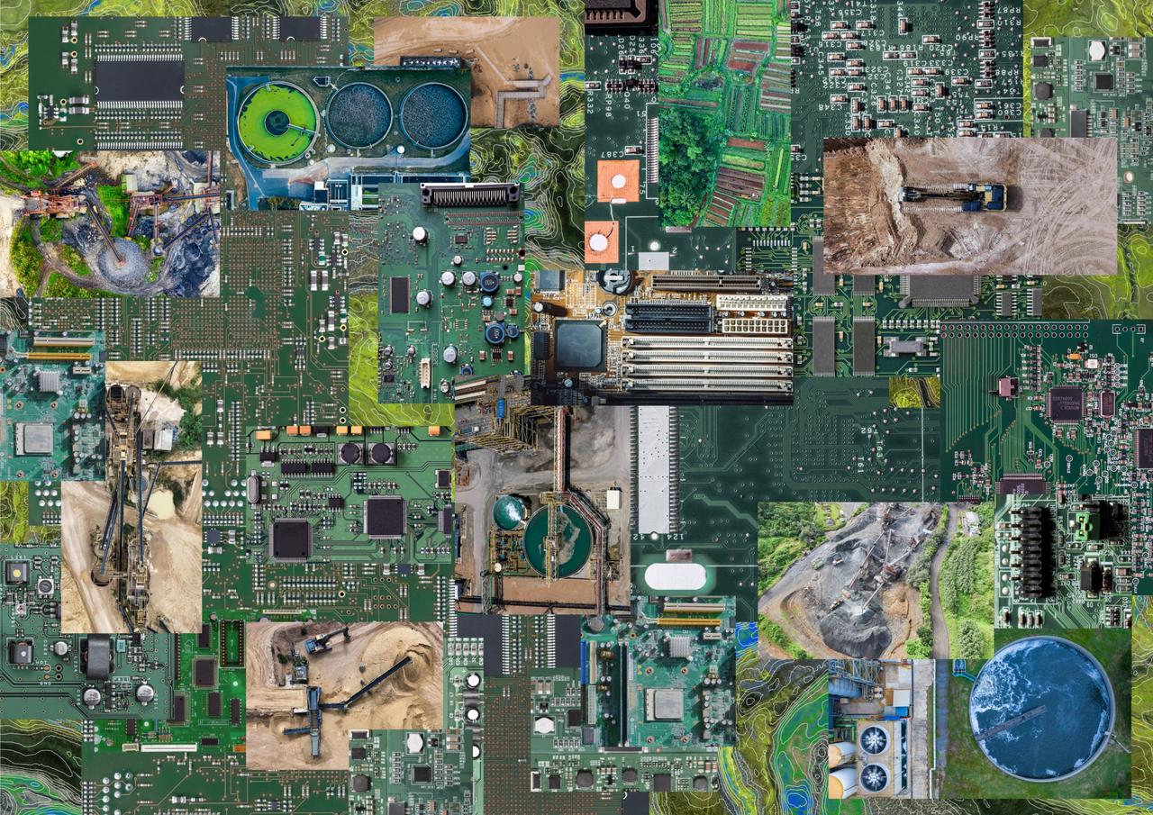 A collage of circuit boards interwoven with aerial photographs of water treatment facilities, agricultural lands, industrial sites and mining machinery.